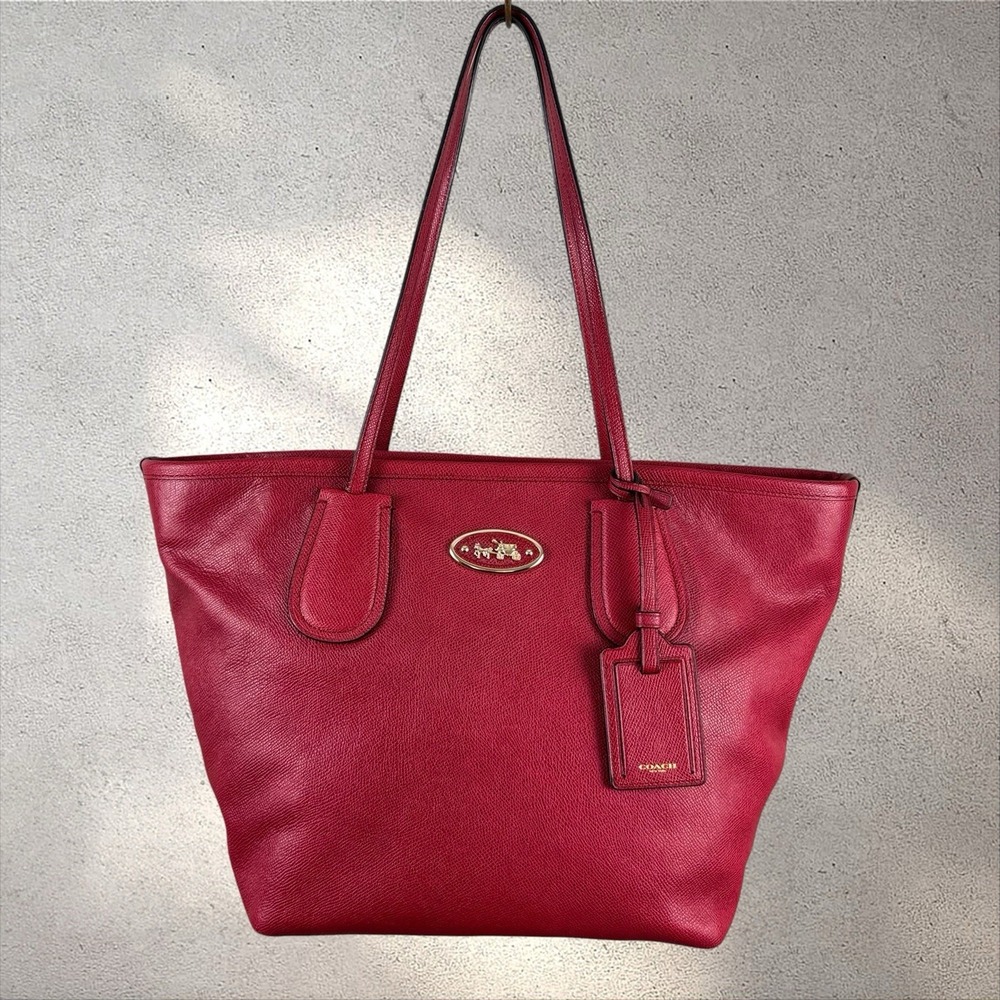 COACH Taxi Top Zip Shoulder Tote Bag Purse in Crossgrain Red Current Leather